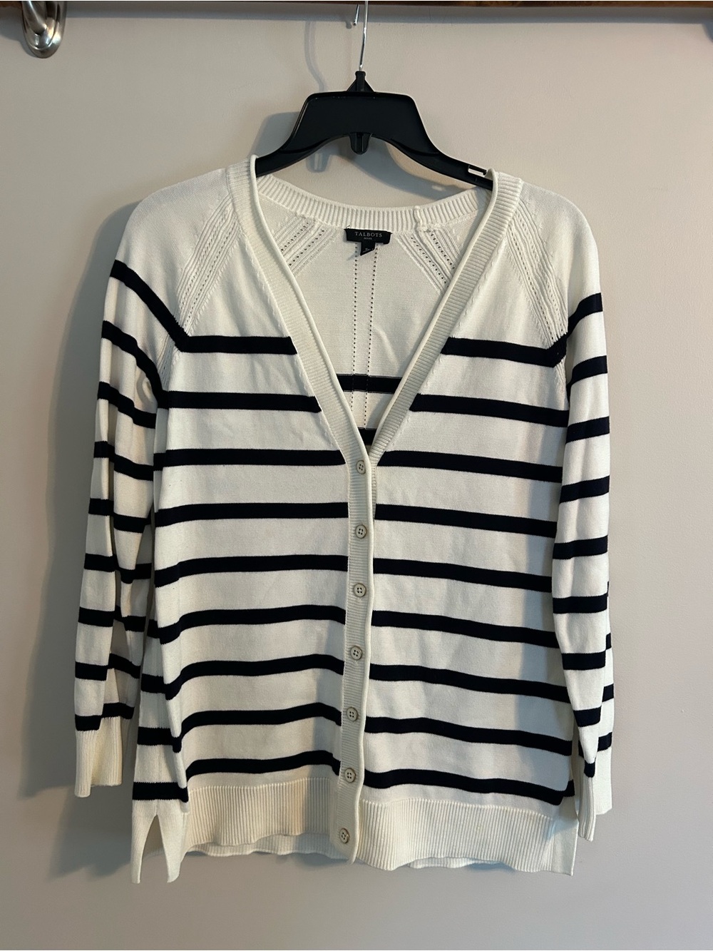 Talbots White and Black Striped V-Neck Button Cardigan